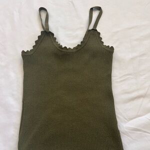 Olive Green Ribbed Scallop Trim Tank Top